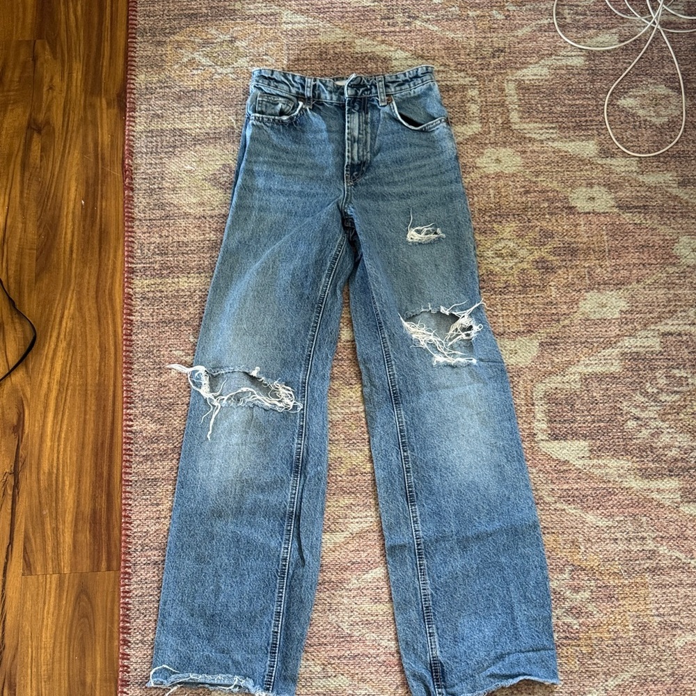 Zara Blue Distressed Straight Leg Jeans